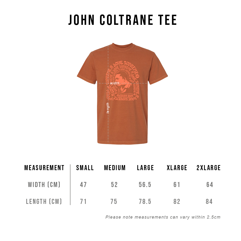 John Coltrane: A Love Supreme Spiral T-Shirt Size Chart